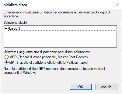 GPT MBR Inizializzazione disco