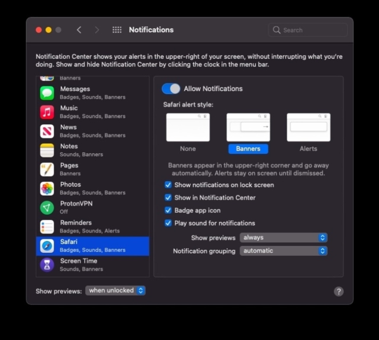 disabilitare notifiche safari macos