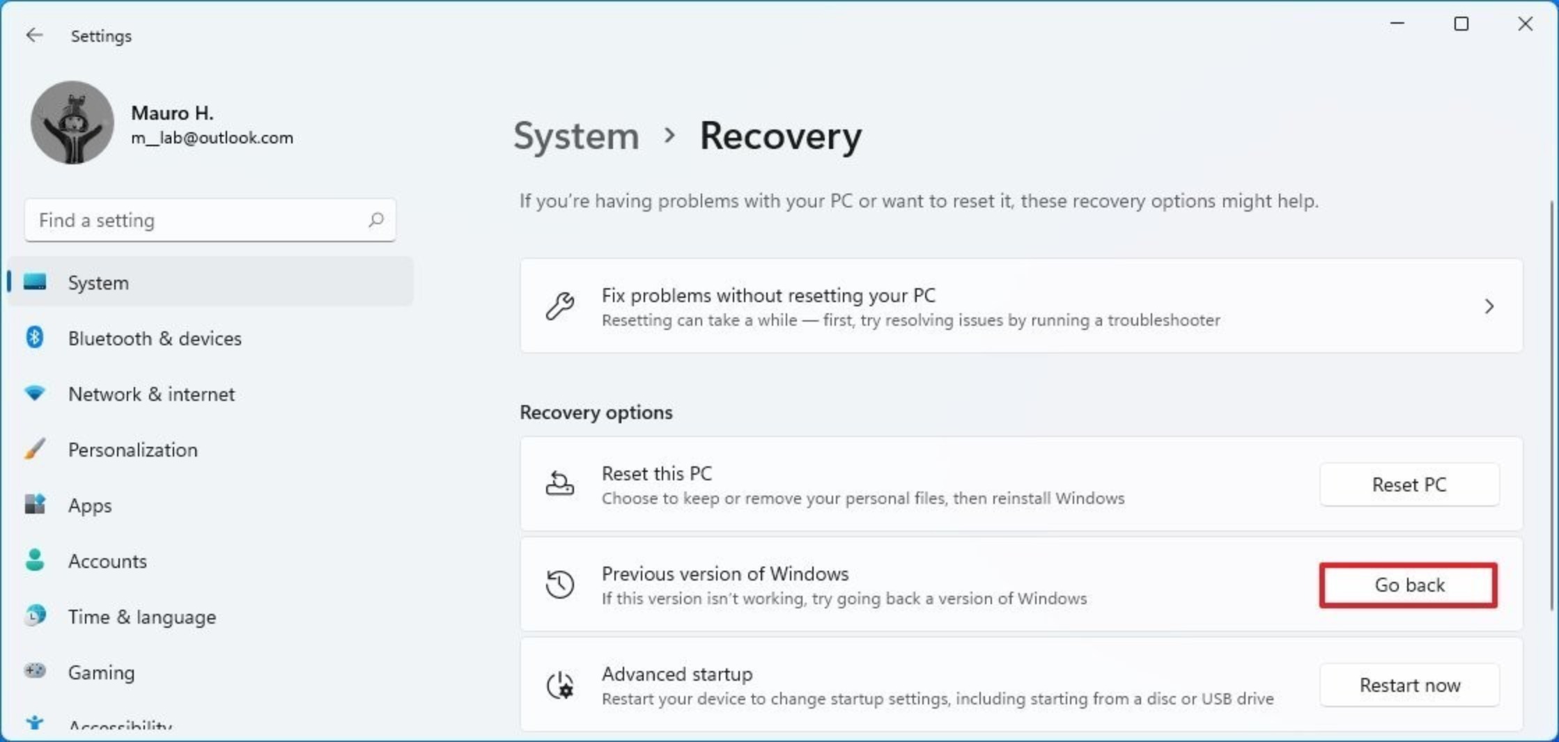 windows 11 settings rollback roll back